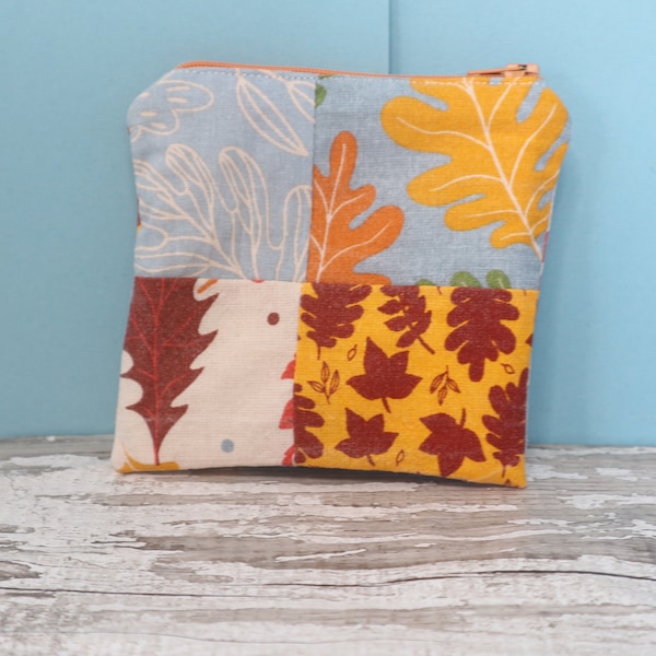 Autumn falling leaves small zipped pouch - Notions pouch for crafting or gift cards