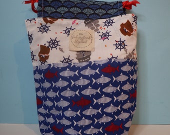 Medium Sea themed project bag with fish and ships - Knitting and crochet storage