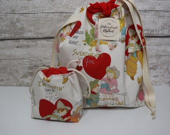 Valentines day sweetheart knitting and crochet project bag - Drawstring bag