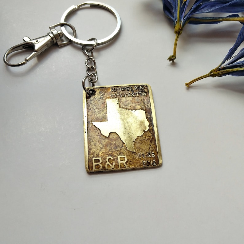 Date and Initials Coords Handmade Personalised Keychain #44 Place of Commitment with State Map Love Gift Gift for Him