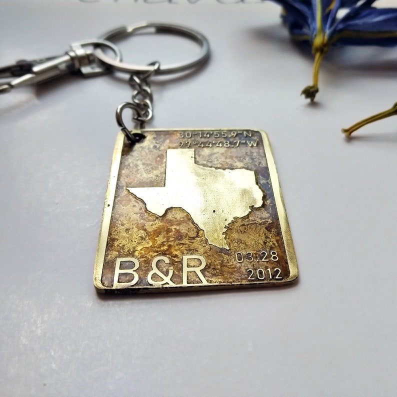 Date and Initials Coords Handmade Personalised Keychain #44 Place of Commitment with State Map Love Gift Gift for Him