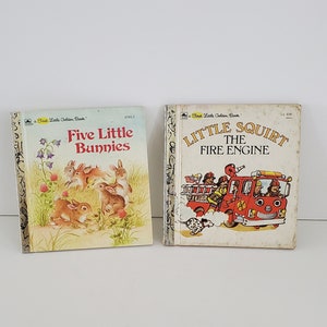 1980&#39;s Set of 2 First Little Golden Books: Little Squirt The Fire Engine and Five Little Bunnies Hardcover