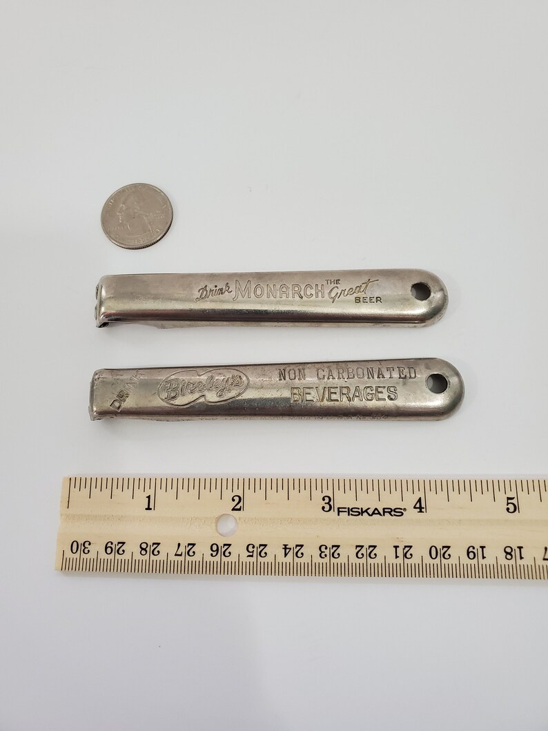 Two Vintage Logo Hand Held Bottle Cap Openers Monarch Beer and Bireley/'s Beverages