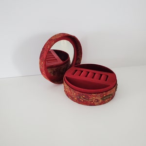 Vintage Seqin Beaded Satin Floral Tapestry Round Mirror Jewelry Box Made In India