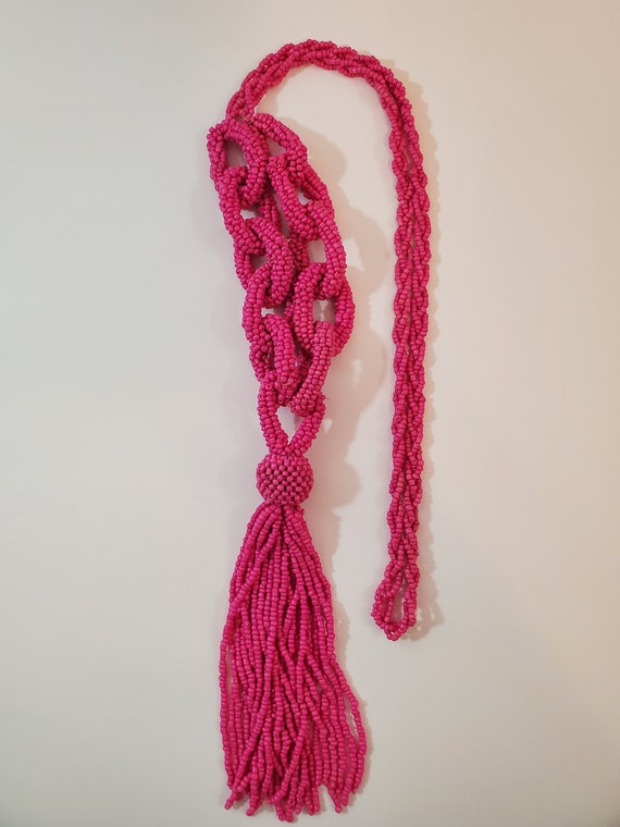 Pink Seed Bead Crochet Rope Lariat Necklace and M… - image 9