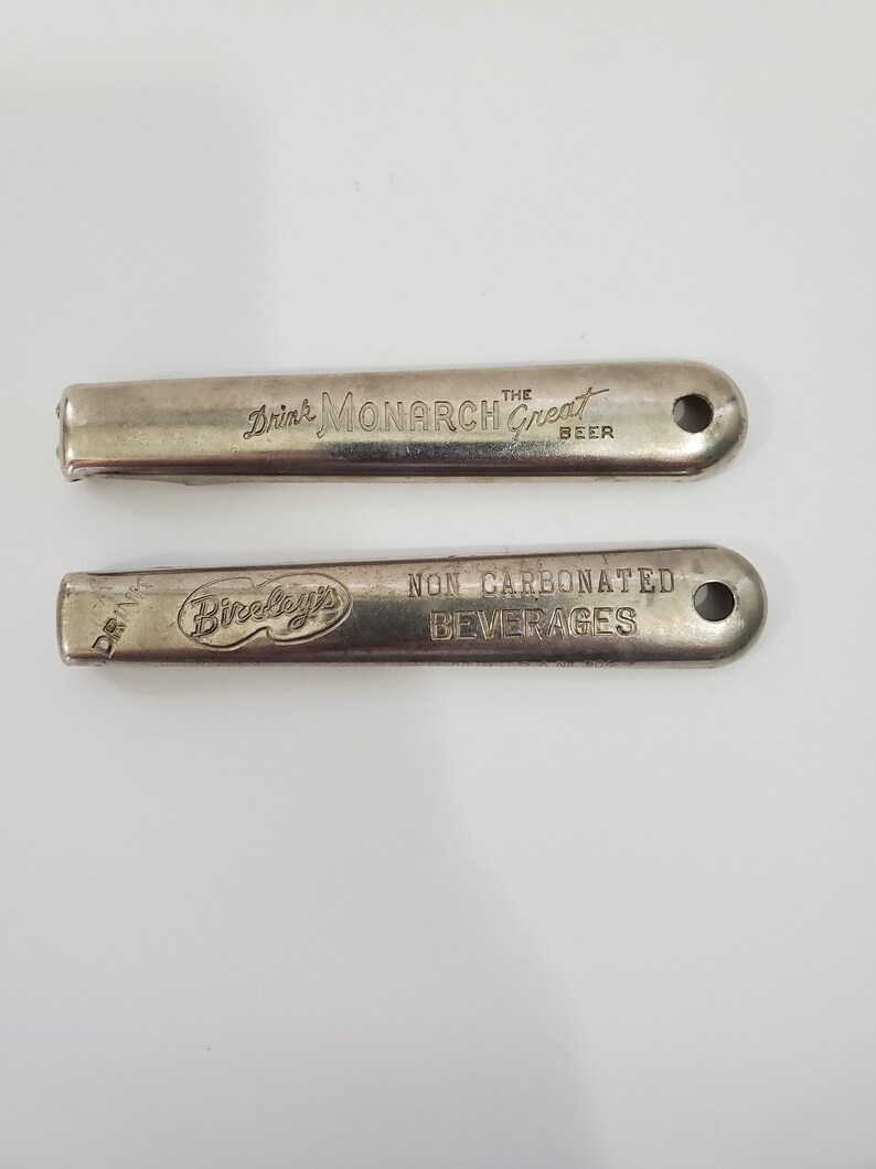 Two Vintage Logo Hand Held Bottle Cap Openers Monarch Beer and Bireley/'s Beverages
