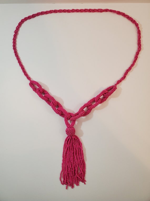 Pink Seed Bead Crochet Rope Lariat Necklace and M… - image 5