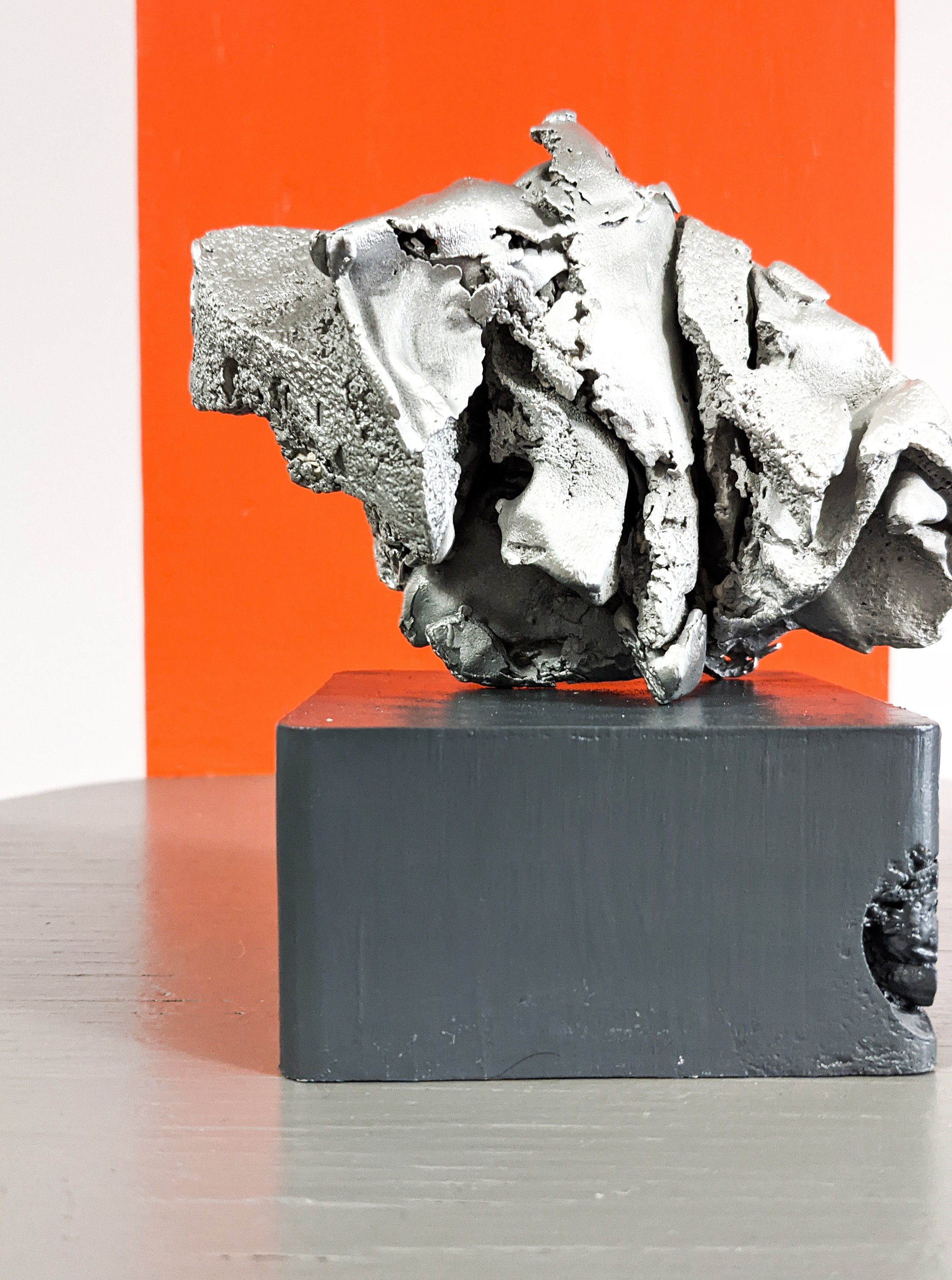 An original abstract aluminum casting sculpture on wooden pedestal metal artwork  5 X 5.5 office desk accessories paperweight great gift.