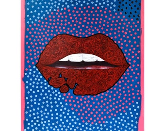 Large contemporary painting. Abstract Textured Modern Wall art lips. Gallery wrapped canvas 30 X 40. Mixed media. Dots Kusama style.