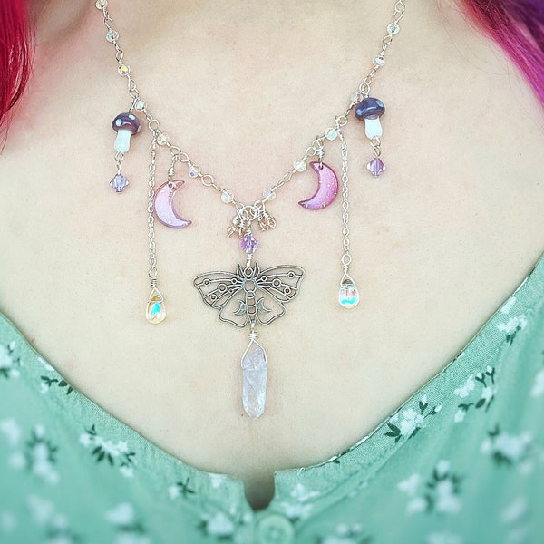 Lunar moth necklace for her, whimsigoth jewelry for best friend, cottagecore necklace, fairycore accessories, moon and moth necklace