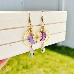 Moon dangle earrings, celestial jewelry witchy, suncatcher earrings, iridescent earrings, spiritual gifts, mothers day jewelry for mom
