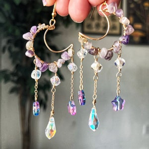 Suncatcher earrings, moon dangle earrings, celestial jewelry for her, moon and star earrings for spiritual friend, witchy gifts for women