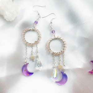 suncatcher earrings dangle, suncatcher jewelry, celestial jewelry for witchy friends, moon dangle earrings, mothers day jewelry for mom