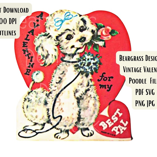 Valentine Poodle Retro Vintage Style Instant Download Files SVG JPG Pdf Png Cutlines DIY Craft Scrapbooking