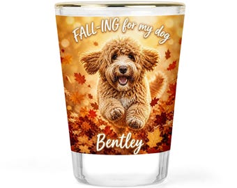 Custom Pet Shot Glass — Personalized Dog Photo Gold Rim Glass, Fall Autumn Barware Gift with Your Pet's Name