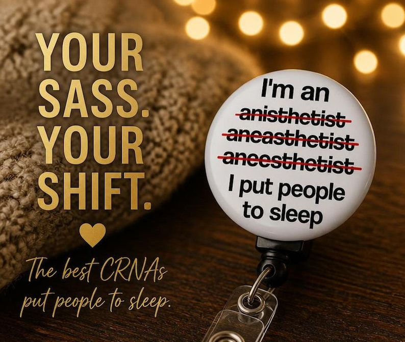 CRNA anesthesia funny badge reel - I Put People To Sleep design with red strike-throughs on glossy white dome