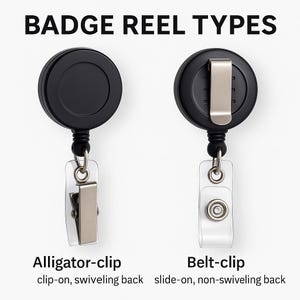 May include: Two black badge reels with different clip styles. The left reel has an alligator clip, and the right reel has a belt clip. Text at the top reads "BADGE REEL TYPES." Below each reel, text describes the clip type and its features.