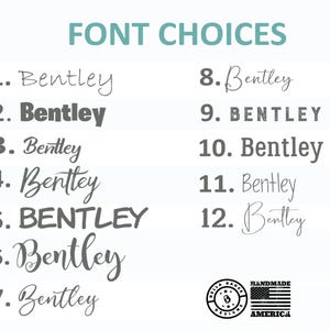 May include: A chart titled FONT CHOICES displaying twelve numbered options of the name Bentley in various black typefaces. At the bottom right, a circular logo reads BELLA BADGE DESIGNS with a small American flag icon and the text HANDMADE AMERICA.