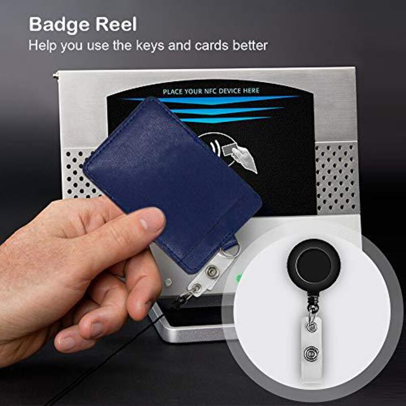 May include: A blue card holder with a badge reel. The text "Badge Reel" and "Help you use the keys and cards better" are visible. The card holder is being placed near a device that says "PLACE YOUR NFC DEVICE HERE".