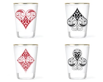 Playing Card Suits Shot Glass Set - Hearts Shot Glass - Spades Shot Glass - Diamonds Shot Glass - Clubs Shot Glass - 4 Shot Glass Set