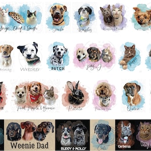 May include: A collection of digital pet portraits featuring various dogs, cats, and a rabbit, each set against a watercolor-style background. The images include names such as Willie, Inigo, Chief, Smushi, Zonko, Waffles, Winston, Frank, Danny, Zena, Brinley, Wrecker, Patch, PB, J, Pepper, Pooh, Phantom, Maple, Boonie, Potato, Princess Leia, Quinn, Ralph, The Pack, Weenie Dad, Buddy, Molly, Cali, Cerberus, Ozzy, and Slayer.