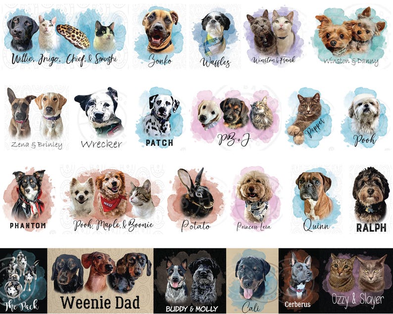 May include: A collection of digital pet portraits featuring various dogs, cats, and a rabbit, each set against a watercolor-style background. The images include names such as Willie, Inigo, Chief, Smushi, Zonko, Waffles, Winston, Frank, Danny, Zena, Brinley, Wrecker, Patch, PB, J, Pepper, Pooh, Phantom, Maple, Boonie, Potato, Princess Leia, Quinn, Ralph, The Pack, Weenie Dad, Buddy, Molly, Cali, Cerberus, Ozzy, and Slayer.