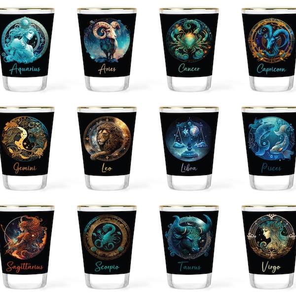 Zodiac Shot Glasses - Horoscope Gift - Aries, Taurus, Gemini, Cancer, Leo, Virgo, Libra, Scorpio, Sagittarius, Capricorn, Aquarius,  Pisces