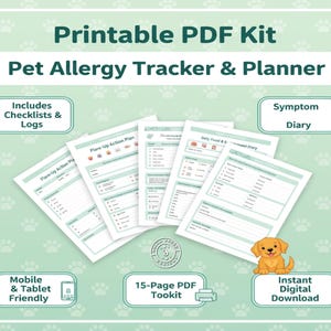 May include: A printable PDF kit, "Pet Allergy Tracker & Planner", with checklists, logs, and a symptom diary. The toolkit includes a flare-up action plan and a daily food and environment diary. It is mobile and tablet friendly, and available for instant digital download.