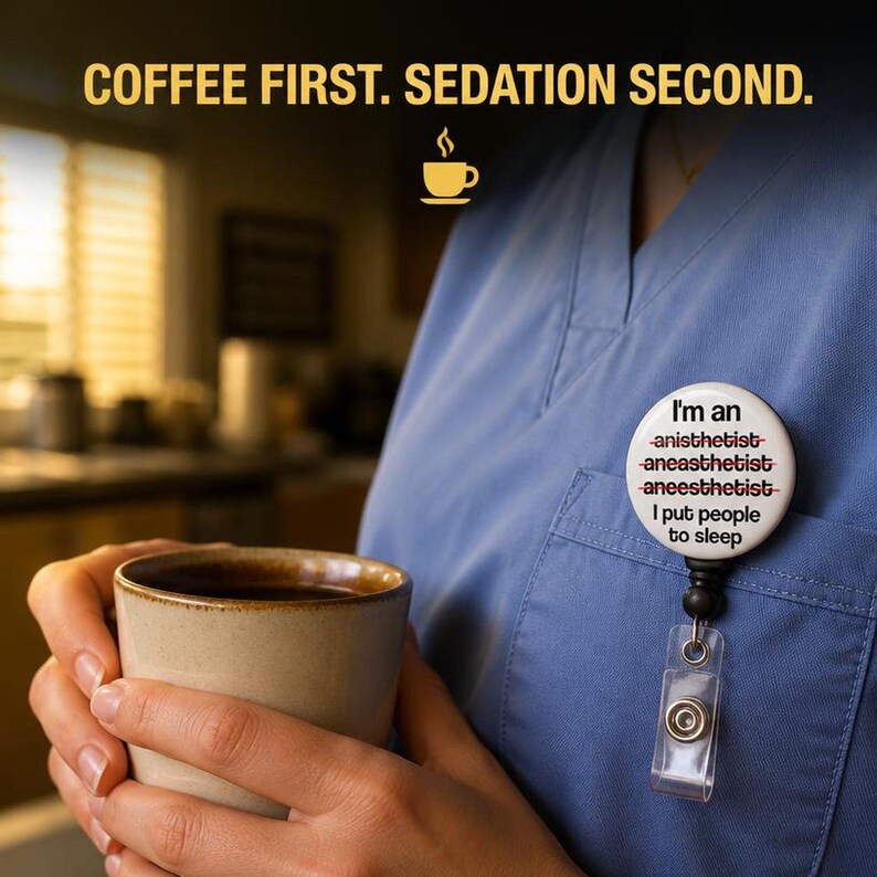 CRNA badge reel on ceil blue scrubs with coffee cup - COFFEE FIRST SEDATION SECOND funny nurse humor
