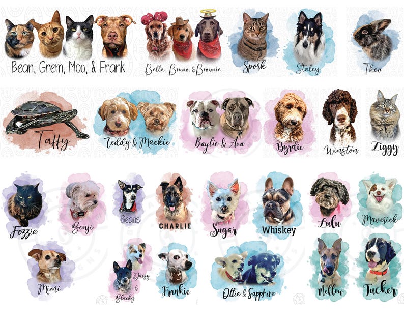 May include: A collection of watercolor-style pet portraits featuring various dogs, cats, a turtle, and a rabbit. Each animal is depicted with its name written in cursive or print text below, including names like Bean, Grem, Moo, Frank, Bella, Bruno, Brownie, Spork, Staley, Theo, Taffy, Teddy, Mackie, Baylie, Ava, Byrdie, Winston, Ziggy, Fozzie, Benji, Beans, Charlie, Sugar, Whiskey, Lulu, Maverick, Mimi, Daisy, Blacky, Frankie, Ollie, Sapphire, Mellow, and Tucker.