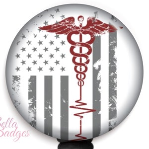 Patriotic American Medicine Badge Reel - Caduceus ID Holder - Nursing Essential - EKG Medical Badge - USA Flag Design