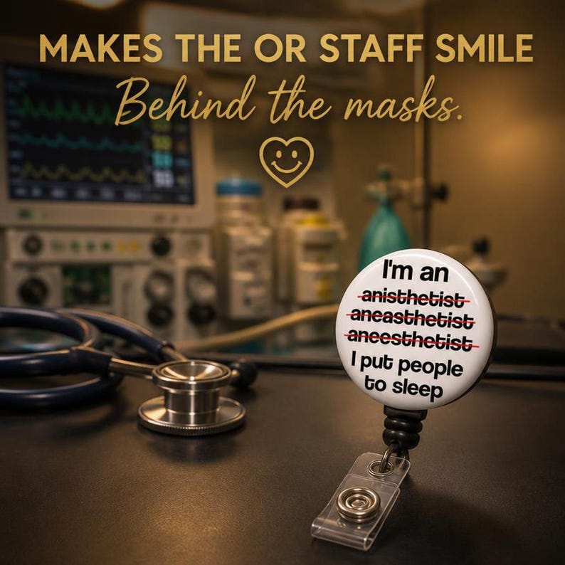 CRNA badge reel on anesthesia workstation with OR monitors - MAKES THE OR STAFF SMILE Behind the masks