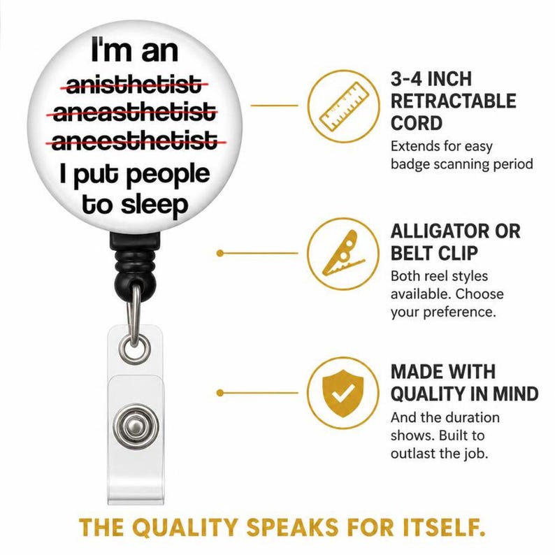 CRNA badge reel specs - 34 inch retractable cord alligator or belt clip made with quality in mind
