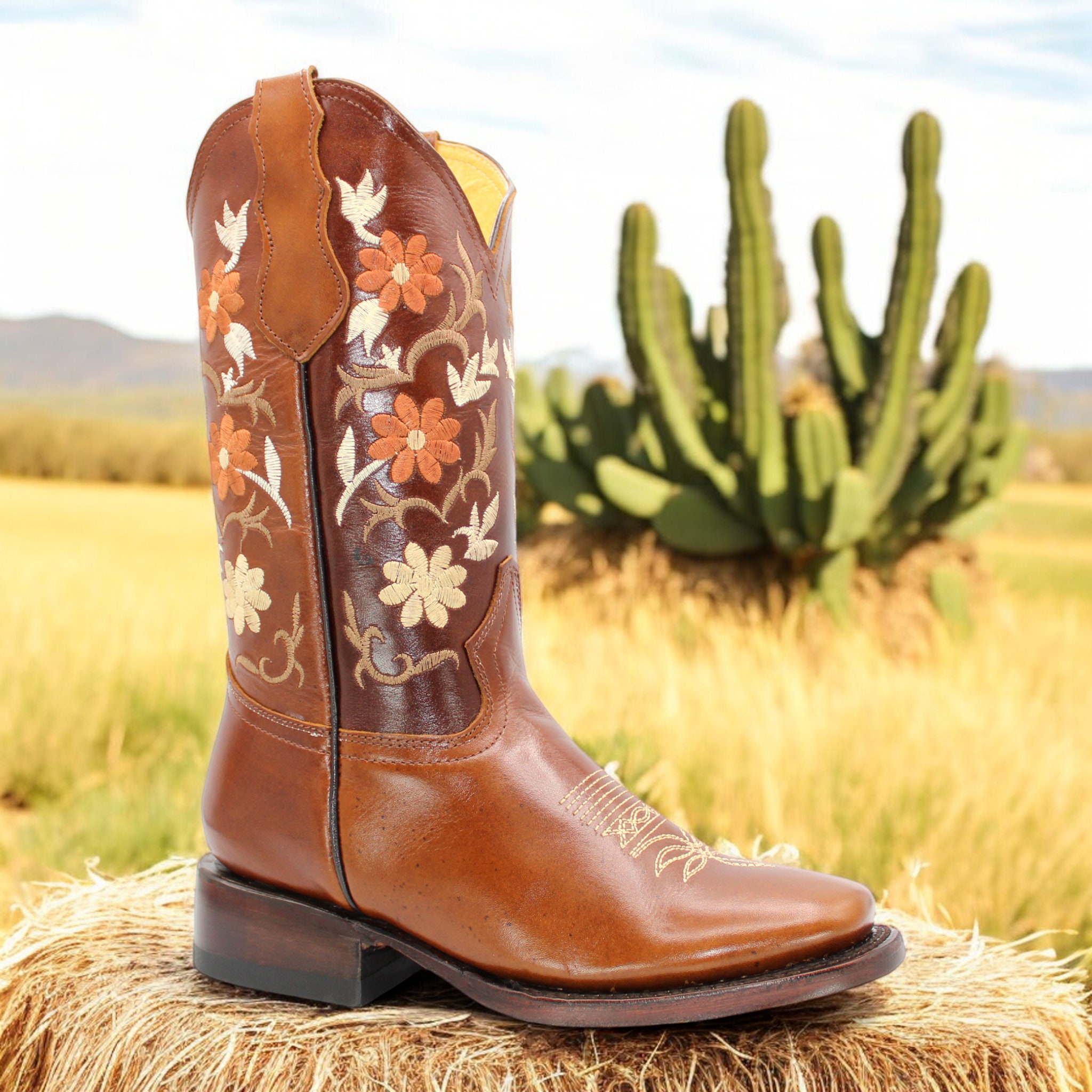 WOMENS COWGIRL Cowboy Brown Square Toe Leather BOOTS Handcrafted