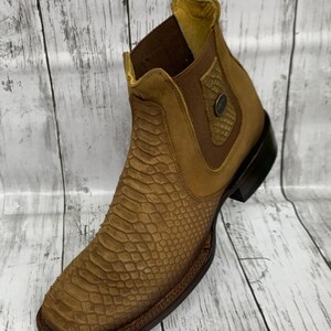 MENS LEATHER COWBOY Nubuck Snake Python Print Skin Faux Square Toe Half ...