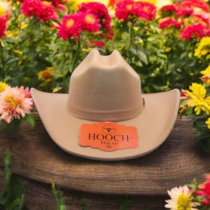 Peut inclure: Un chapeau de cowboy beige avec un bandeau marron et une &eacute;tiquette indiquant "HOOCH Hat Co.". Le chapeau est pos&eacute; sur une surface en bois avec des fleurs en arri&egrave;re-plan.