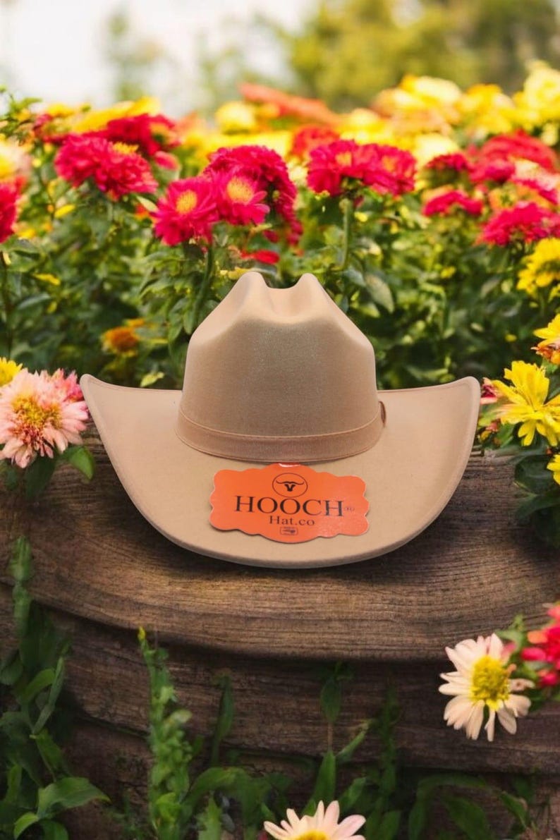 Peut inclure: Un chapeau de cowboy beige avec un bandeau marron et une &eacute;tiquette indiquant "HOOCH Hat Co.". Le chapeau est pos&eacute; sur une surface en bois avec des fleurs en arri&egrave;re-plan.