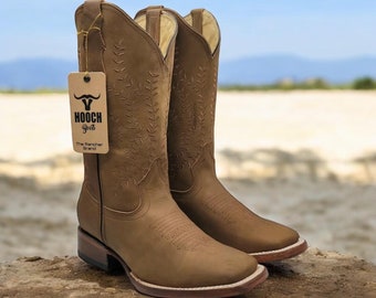 WOMENS COWGIRL cowboy brown embroidery flowers square toe leather BOOTS Handcrafted