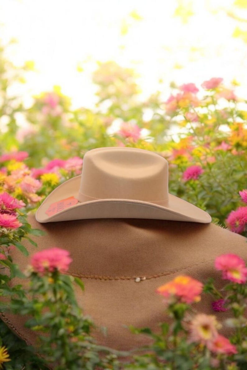 Peut inclure: Un chapeau de cowboy beige avec un large bord, reposant sur une surface brune entour&eacute;e de fleurs roses et jaunes.