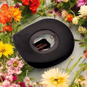 Puede incluir: Un sombrero vaquero de fieltro negro con una banda de cuero marr&oacute;n y las palabras "Hooey Hat Co." impresas en la banda. El sombrero est&aacute; rodeado de una variedad de flores coloridas.