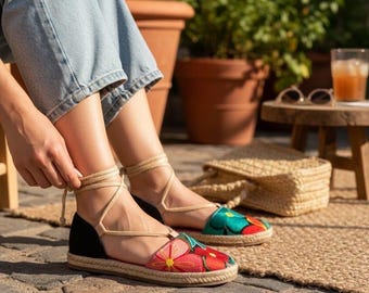 Hand made espadrille with loom embroidery, each pair is different embroidered.