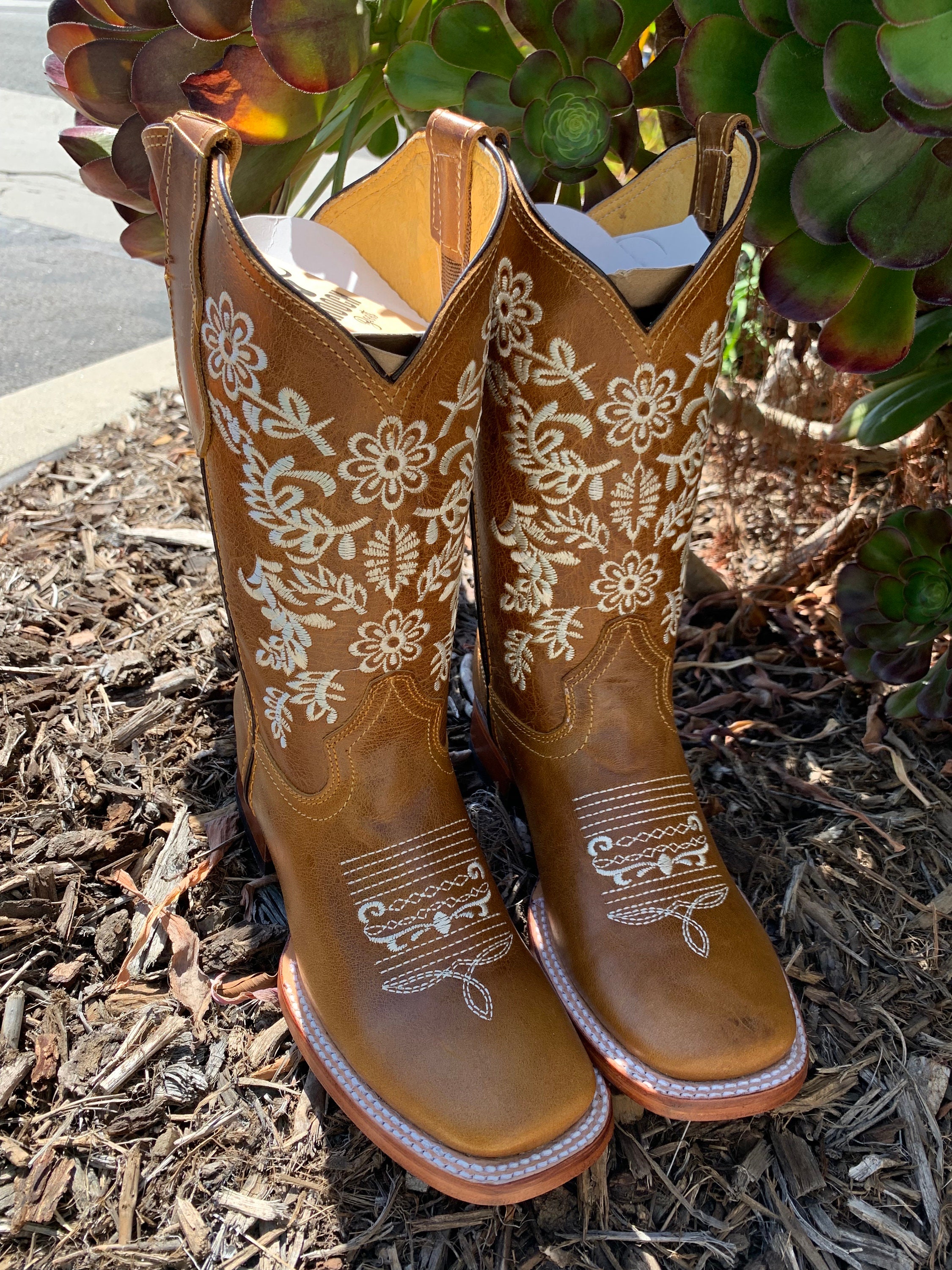 Women cowgirl cowboy honey square toe leather Boots