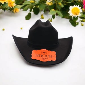 Puede incluir: Un sombrero vaquero de fieltro negro con un ala ancha y una banda de cuero marr&oacute;n. El sombrero tiene una etiqueta que dice "HOOCH Hat.co".