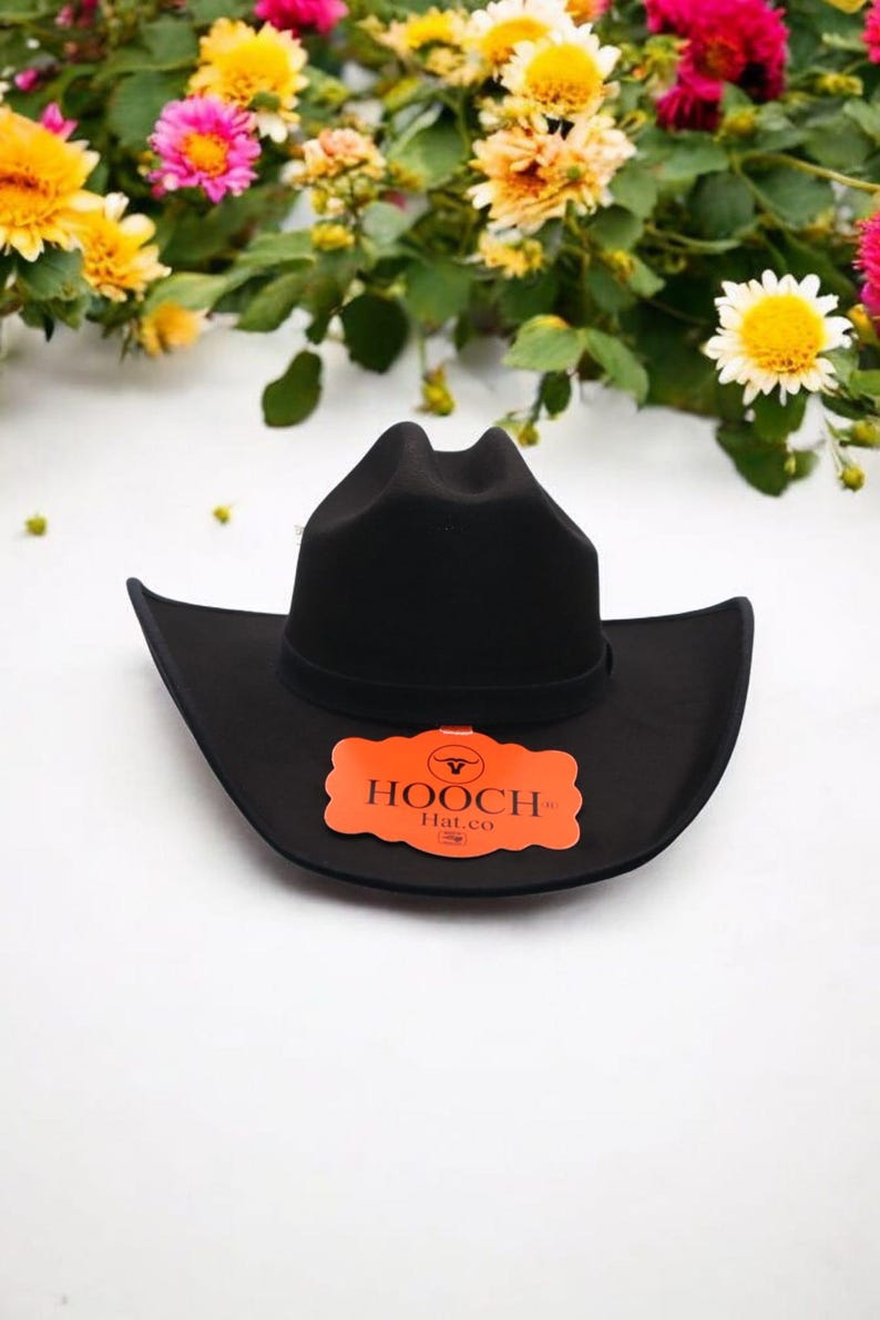 Puede incluir: Un sombrero vaquero de fieltro negro con un ala ancha y una banda de cuero marr&oacute;n. El sombrero tiene una etiqueta que dice "HOOCH Hat.co".