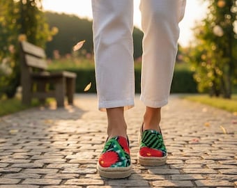 Hand made espadrille with loom embroidery, each pair is different embroidered.