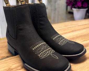 Women's Square Toe Short Boots - Handcrafted Leather Botin Ankle Boots - Western Style Booties for Women