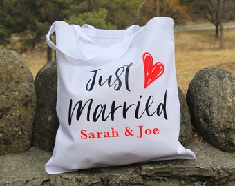Personalized Just Married Tote Bag, Honeymoon, Wedding, Bridal Shower Gift, Engagement Gift, Bachelorette Party, Bride Gift