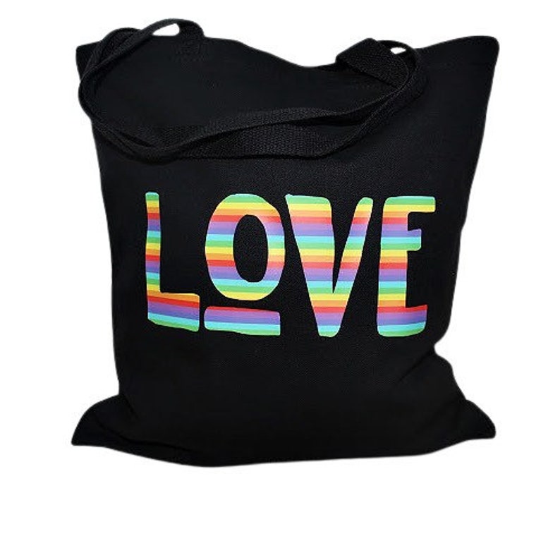 May include: Black canvas tote bag with rainbow striped "LOVE" text.