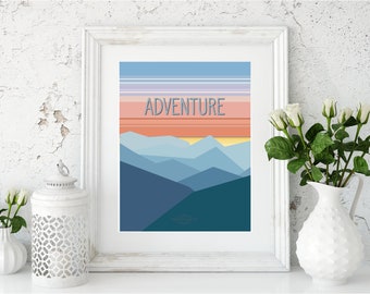 Adventure Art Print: Montagnes, 8x10, Voyage