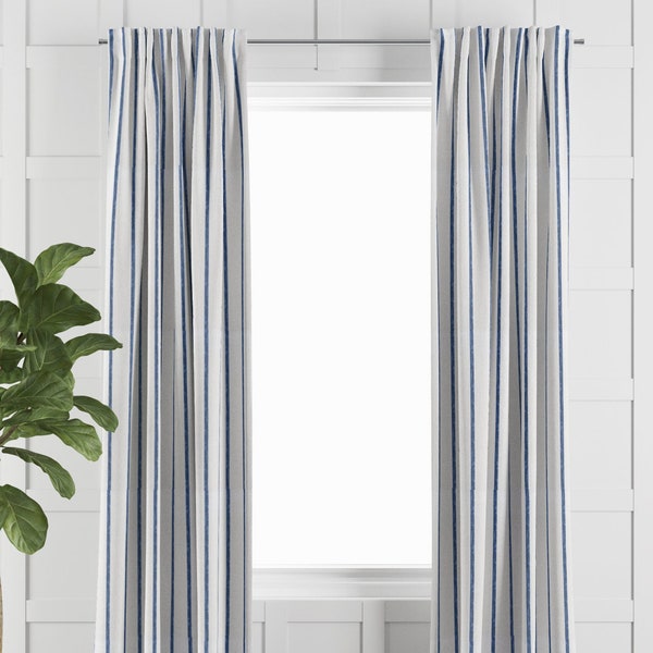 Italian Denim Blue and White Stripe Curtain Panels for Dining Room or Kitchen Decor, Slub Canvas Window Treatments for Bedroom & Nursery